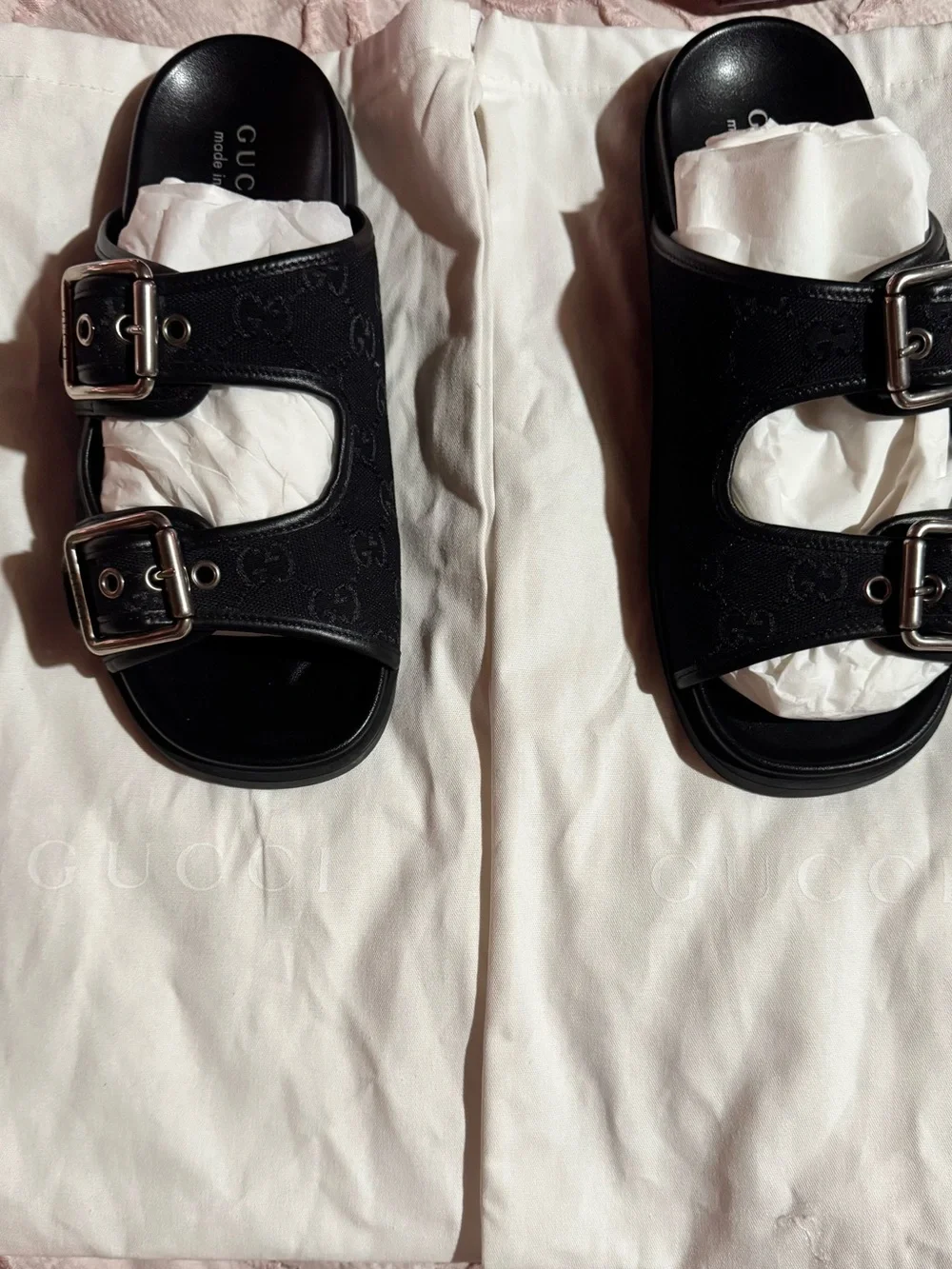 Gucci Black Double Buckle GG Canvas Slides